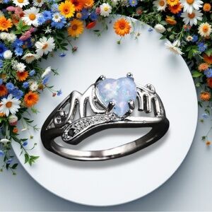 Silver Heart Opal Ring, Mothers Day Gift, Silver Mom Ring Sz 5, Birthday Gift